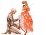  1girl archer artist_request blue_eyes boots brown_hair closed_eyes colored_pencil_(medium) dark_skin dress eyes_closed fate/stay_night fate_(series) formal frills gloves gown high_heels knee_boots kneeling long_hair orange_dress puffy_sleeves shoes suit thigh-highs thighhighs tohsaka_rin toosaka_rin traditional_media two_side_up victorian white_background white_gloves white_hair wide_sleeves 