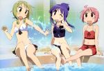  3girls absurdres bikini blonde_hair blush feet highres hinata_yukari ichii_yui legs long_hair multiple_girls nonohara_yuzuko nyantype official_art open_mouth pink_hair pool poolside purple_hair red_eyes short_hair swimsuit water wink yellow_eyes yuyushiki 