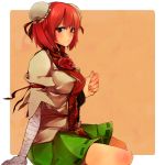  arm_ribbon arm_up asuna_(i_luv) bad_id bandage bandages double_bun flower ibara_kasen ibaraki_kasen pink_rose red_eyes red_hair redhead rose shirt short_hair sitting skirt solo tabard touhou 