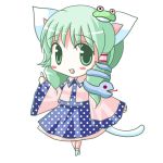  animal_ears blush_stickers cat_ears cat_tail chibi detached_sleeves green_eyes green_hair kemonomimi_mode kochiya_sanae looking_at_viewer lowres meiya_neon open_mouth simple_background solo tail touhou white_background 