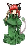  animal_ears braid cat_ears dress extra_ears green_dress grin impossible_clothes impossible_clothing kaenbyou_rin multiple_tails no_legs oekaki pointy_ears red_eyes red_hair redhead ribbon simple_background smile solo tail tks_(chikuwa) touhou twin_braids white_background 
