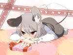  animal_ears blush ear_blush embarrassed grey_hair grey_hair hamira-ze heart heart_tail highres lying mouse_ears mouse_tail nazrin on_stomach red_eyes short_hair solo tail touhou valentine 