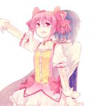  back-to-back blue_hair bow bubble_skirt cape gloves hair_bow kaname_madoka lowres magical_girl mahou_shoujo_madoka_magica miki_sayaka mizuki_(flowerlanguage) multiple_girls pink_eyes pink_hair short_hair short_twintails twintails 