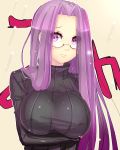  bad_id breasts fate/stay_night fate_(series) glasses impossible_clothes impossible_sweater large_breasts long_hair magister magister_(bigbakunyuu) purple_eyes purple_hair ribbed_sweater rider solo sweater turtleneck very_long_hair violet_eyes 