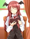  bat_wings book chair closed_eyes curtains eyes_closed formal head_wings holding holding_book jurakin koakuma long_hair necktie open_book red_hair redhead skirt skirt_set smile solo the_embodiment_of_scarlet_devil touhou vest wings 