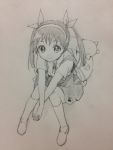  backpack bag bakemonogatari bow graphite_(medium) hachikuji_mayoi hair_bow hands_clasped looking_at_viewer monochrome monogatari_(series) namori randoseru sitting sketch skirt smile solo traditional_media twintails x_arms 