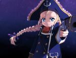  aiming binoculars blonde_hair blue_background blue_eyes braid coat enomoto_(luck-by-luck) foreshortening gun handgun hat long_hair patty_fleur pirate_hat serious solo tales_of_(series) tales_of_vesperia weapon 