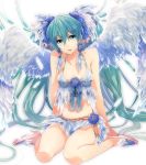  angel_wings bare_shoulders bow earrings feathers flower hair_bow hatsune_miku highres irono_yoita jewelry legs long_hair looking_at_viewer midriff shoes simple_background sitting solo twintails very_long_hair vocaloid wings 