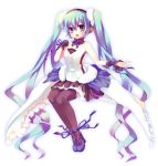  7th_dragon 7th_dragon_2020 amamine aqua_eyes aqua_hair bare_shoulders hatsune_miku headphones long_hair open_mouth simple_background skirt solo thigh-highs thighhighs twintails very_long_hair vocaloid white_background 