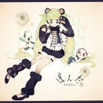  animal_costume arms_up bamboo garter_straps green_eyes green_hair hatsune_miku headphones leg_warmers letterboxed long_hair mismatched_legwear mouth_hold open_mouth panda panda_costume panda_ears paws print_legwear sitting solo souno_kazuki thigh-highs thighhighs twintails very_long_hair vocaloid 