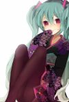 aqua_hair hatsune_miku highres japanese_clothes kimono long_hair miseinen pantyhose red_eyes simple_background sitting smile solo twintails very_long_hair vocaloid white_background 