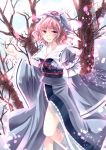  arm_up armband blue_sky butterfly cherry_blossoms cloud hands_in_sleeves hat japanese_clothes kimono kneehighs light_particles looking_at_viewer miyakure obi open_hand parted_lips petals pink_eyes pink_hair ribbon saigyouji_yuyuko short_hair sky solo touhou tree triangular_headpiece wide_sleeves 