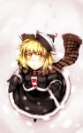  black_gloves blonde_hair gloves hat highres kazetto lunasa_prismriver outstretched_hand scarf shirt short_hair skirt skirt_set snow snowing solo touhou trail yellow_eyes 