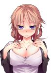  :&lt; black_jacket blush breast_suppress breasts brown_hair bust cleavage hair_bun hair_ornament large_breasts looking_at_viewer off_shoulder original purple_eyes simple_background solo violet_eyes white_background xefy yamane_akira 