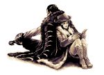 1girl back-to-back bad_id baroque_works black_hair boots breasts cleavage corset cowboy_hat fur_coat hair_slicked_back hat hook_hand iduhara long_hair monochrome nico_robin one_piece reading scar short_hair sir_crocodile sitting smile 