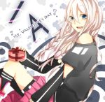  bad_id blonde_hair blue_eyes braid character_name gift heart hiiro ia_(vocaloid) long_hair off_shoulder open_mouth pink_hair single_thighhigh skirt smile solo thigh-highs thigh_strap thighhighs twin_braids valentine vocaloid 