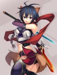  ahoge animal_ears armor black_hair blue_eyes dual_wielding elbow_gloves gloves highres koikeya matsuhime_mujina midriff pointy_ears raccoon_ears raccoon_tail scarf shinrabanshou short_hair solo sword tail weapon 