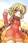  aki_shizuha akou_roushi alternate_costume arm_up arm_warmers blonde_hair blush detached_sleeves hair_ornament leaf leaf_on_head plaid plaid_scarf ribbed_sweater scarf short_hair smile solo sweater sweater_dress touhou yellow_eyes 