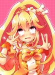  blonde_hair cure_peace double_v dress hair_ornament kise_yayoi orange_(color) pink_background precure rolling_eyes smile_precure! solo tears urara_(sumairuclover) v yellow_dress yellow_eyes 