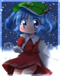  alternate_color ayu_(iyokanya) bad_id bag blue_eyes blue_hair blush christmas dress frown hair_bobbles hair_ornament hat kawashiro_nitori key sack santa_costume snow solo touhou 