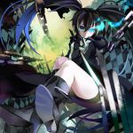  black_hair black_rock_shooter black_rock_shooter_(character) blue_eyes boots coat crossed_legs glowing glowing_eyes legs_crossed long_hair looking_at_viewer sheska_xue shorts sitting solo sword twintails very_long_hair weapon 