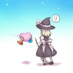  &gt;_&lt; ? back black_dress blue_dress bow broom carrying dress flying flying_sweatdrops from_behind gradient gradient_background hat heart kirisame_marisa large_bow onimaru_gonpei red_dress shanghai_doll simple_background solo star touhou witch witch_hat |_| 