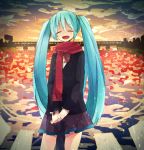  1girl aqua_hair closed_eyes clouds hakui hatsune_miku long_hair open_mouth reflection scarf skirt sky solo twintails very_long_hair vocaloid water 