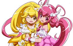  blonde_hair cure_happy cure_peace hoshizora_miyuki kise_yayoi magical_girl multiple_girls nyoronyoro pink_eyes pink_hair precure smile_precure! wink yellow_eyes 