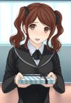  3u amagami bad_id brown_eyes brown_hair bust gift hair_ribbon incoming_gift looking_at_viewer nakata_sae open_mouth ribbon school_uniform solo twintails valentine 