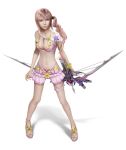  3d blue_eyes breasts cleavage final_fantasy final_fantasy_xiii final_fantasy_xiii-2 pink_hair sandals serah_farron side_ponytail simple_background solo swimsuit weapon 