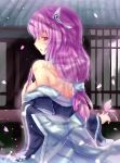  alternate_hairstyle back bare_back bare_shoulders breasts butterfly closed_fan fan folding_fan from_behind long_hair no_hat no_headwear off_shoulder petals pink_hair profile red_eyes saigyouji_yuyuko solo touhou triangular_headpiece undressing walzrj wide_sleeves 