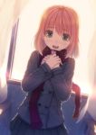  blush brown_hair classroom coat curtains dutch_angle green_eyes hands_on_own_chest object_hug open_mouth original pleated_skirt red_scarf scarf shiva_(executor) skirt solo window 