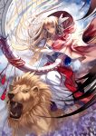  blonde_hair blue_eeys blue_eyes cloud copyright_request harp instrument lion long_hair midair miyazaki_byou teeth 