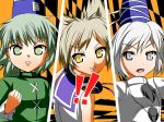  3girls all-out_attack dress green_dress green_eyes green_hair grey_eyes grey_hair grin hat headphones honda_takaharu japanese_clothes kariginu light_brown_hair mononobe_no_futo multiple_girls open_mouth persona persona_4 ribbon short_hair sleeveless sleeveless_shirt smile soga_no_tojiko tate_eboshi touhou toyosatomimi_no_miko yellow_eyes 