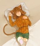  animal_ears breasts brown_hair cat_ears cat_tail closed_eyes eyes_closed hand_on_own_chest haruka_(muneneko) large_breasts long_sleeves muneneko on_bed original pillow ribbed_sweater saliva shorts sleeping smile solo sweater tail thigh-highs thighhighs white_legwear 