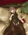  bed book dress glasses gram_(muneneko) grey_hair hand_on_another&#039;s_chest hand_on_another's_chest hand_on_own_chest hat long_sleeves looking_at_viewer muneneko necktie on_bed original pillow red_eyes solo vest witch witch_hat 
