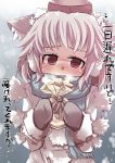  animal_ears blush commentary commentary_request earmuffs gaoo_(frpjx283) grey_hair hat highres inubashiri_momiji mittens open_mouth red_eyes sack scarf short_hair snowing solo tokin_hat touhou translated translation_request valentine white_hair wolf_ears 