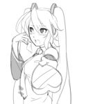 blush chocolate eu03 gift hair_over_one_eye hatsune_miku heart long_hair monochrome necktie outstretched_hand sketch solo tsundere twintails valentine very_long_hair vocaloid 