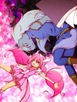  1boy 1girl arani_(aranonituke) belt bike_shorts blue_eyes book boots cure_happy dress frills grey_hair head_wings highres hoshizora_miyuki long_hair magical_girl outstretched_arms pants personification pink_background pink_dress pink_eyes pink_hair precure purple_background rotational_symmetry skirt smile smile_precure! spread_arms star starry_background tiara twintails werewolf wolfrun 