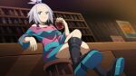  1girl alcohol bar bar_stool blue_eyes boots bra_strap breasts crossed_legs dress forehead freckles hair_bobbles hair_ornament pokemon pokemon_(game) pokemon_bw2 roxie_(pokemon) sitting small_breasts smile solo stool strapless strapless_dress striped striped_dress suitenan thighs topknot white_hair 