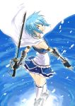  adapted_costume armlet armor blue_eyes blue_hair cape fingerless_gloves ganzyu_i gauntlets gloves greaves looking_back magical_girl mahou_shoujo_madoka_magica miki_sayaka short_hair solo 