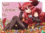  :d bare_shoulders black_gloves black_legwear bracelet breasts candy chocolate demon_girl demon_tail elbow_gloves gloves horns jewelry long_hair maou_beluzel matsuda_yuusuke open_mouth original pantyhose red_eyes red_hair redhead skull smile solo tail tongue valentine yuusha_to_maou yuusuke 
