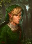  blue_eyes bust forest green hat jewelry leaf link male nature navi nintendo ocarina_of_time outdoors personification pointy_ears realistic shield shiny shiny_skin short_hair signature smile the_legend_of_zelda title_drop toguza tree tunic 