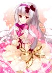  bow dress gloves hair_bow hairband heart idolmaster long_hair miri_(roll) red_eyes ribbon shijou_takane silver_hair smile solo valentine 