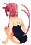  animal_ears ass bare_shoulders blue_eyes bow casual_one-piece_swimsuit cat_ears cat_tail catgirl cocona_ichijo from_behind hair_bow long_hair looking_back midorikawa_you multiple_tails one-piece_swimsuit original pink_hair simple_background sitting solo swimsuit tail white_background 