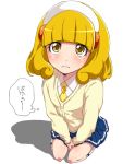  3: artist_request bad_id between_legs blonde_hair blush cardigan from_above hand_between_legs headband hiyutan_(hiyuka11) kise_yayoi long_hair precure seiza simple_background sitting skirt smile_precure! solo tears translated translation_request yellow_eyes 