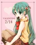  akayuyu_(artist) bad_id bowtie chocolate earrings eating green_eyes green_hair hatsune_miku jewelry long_hair mouth_hold pantyhose skirt solo twintails valentine very_long_hair vocaloid 