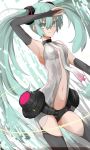  arm_up armpits breasts bridal_gauntlets center_opening green_eyes green_hair hatsune_miku hatsune_miku_(append) highres long_hair miku_append navel necktie saihate_(artist) solo thigh-highs thighhighs twintails very_long_hair vocaloid vocaloid_append 