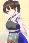  1girl aircraft_carrier blush breasts brown_eyes brown_hair gatakenjin hakama_skirt japanese_clothes kaga_(kantai_collection) kantai_collection muneate personification short_hair side_ponytail skirt solo 