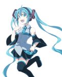  1girl ahoge blue_eyes blue_hair boots detached_sleeves hatsune_miku headphones highres long_hair nagita0 necktie open_mouth skirt solo thigh_boots thighhighs twintails very_long_hair vocaloid white_background 